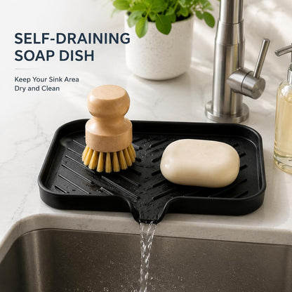 MicoYang Silicone Bathroom Soap Dishes with Drain Spout-Bathroom and Kitchen Sink Organizer,Sponge Holder,Dish Soap Tray,Perfect for Dispenser,Scrubber,Bottle,Cup on Sink or Counter-Coffee 4.9"×3.2"