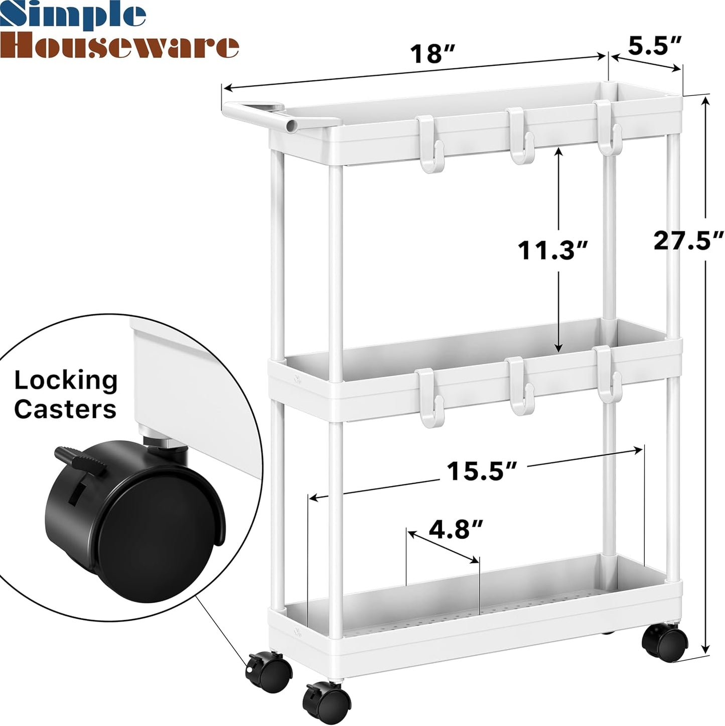 Simple Houseware 3-Tier Slim Rolling Cart w/Handle 5.5" Wx27.5 H, Turquoise | Storage Cart for Narrow Space (5.5-Inch Wide) Kitchen, Bathroom, Laundry Room