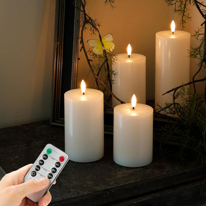 Flickering Flameless Candles, Real Wax Battery Operated Candles with Remote, Flat Top Led Flameless Pillar Candles for Home, Wedding, Party Decor, Set of 4, Φ 3" H 4" 5" 6" 8", Ivory