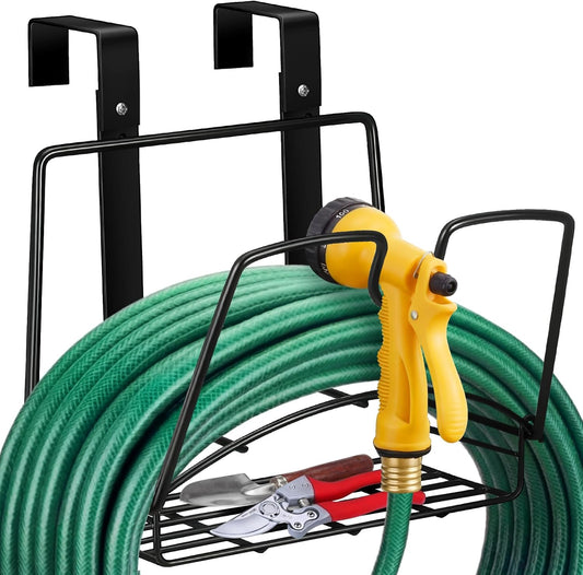 Frienda Fence Hose Hanger with Storage Basket Heavy Duty Hose Holder Wall Mount Hoses Hanger for Extension Cords Garden Fence Outdoor Yard(Movable Type,Black)