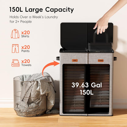 185L Laundry Hamper 3 Section, Laundry Hamper with Lid, Dirty Clothes Hamper with 3 Removable Washing Bags, Extra Large Laundry Basket Organizer for Bedroom, Laundry Room, Dorm - Black
