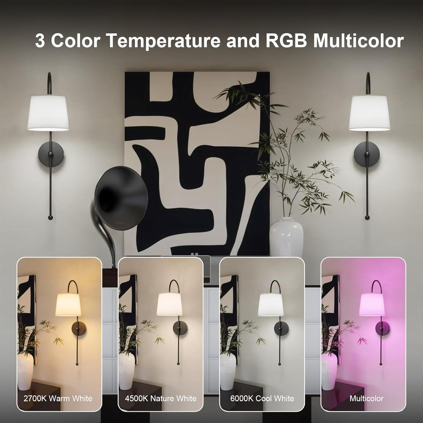 Battery Operated Wall Sconce Set of 2, Rechargeable Wireless Wall Decor Sconces, Two Battery Powered Wall Lights, Dimmable Magnetic RGB Bulbs & Remote, Lamp for Living Room Bedroom - Gold