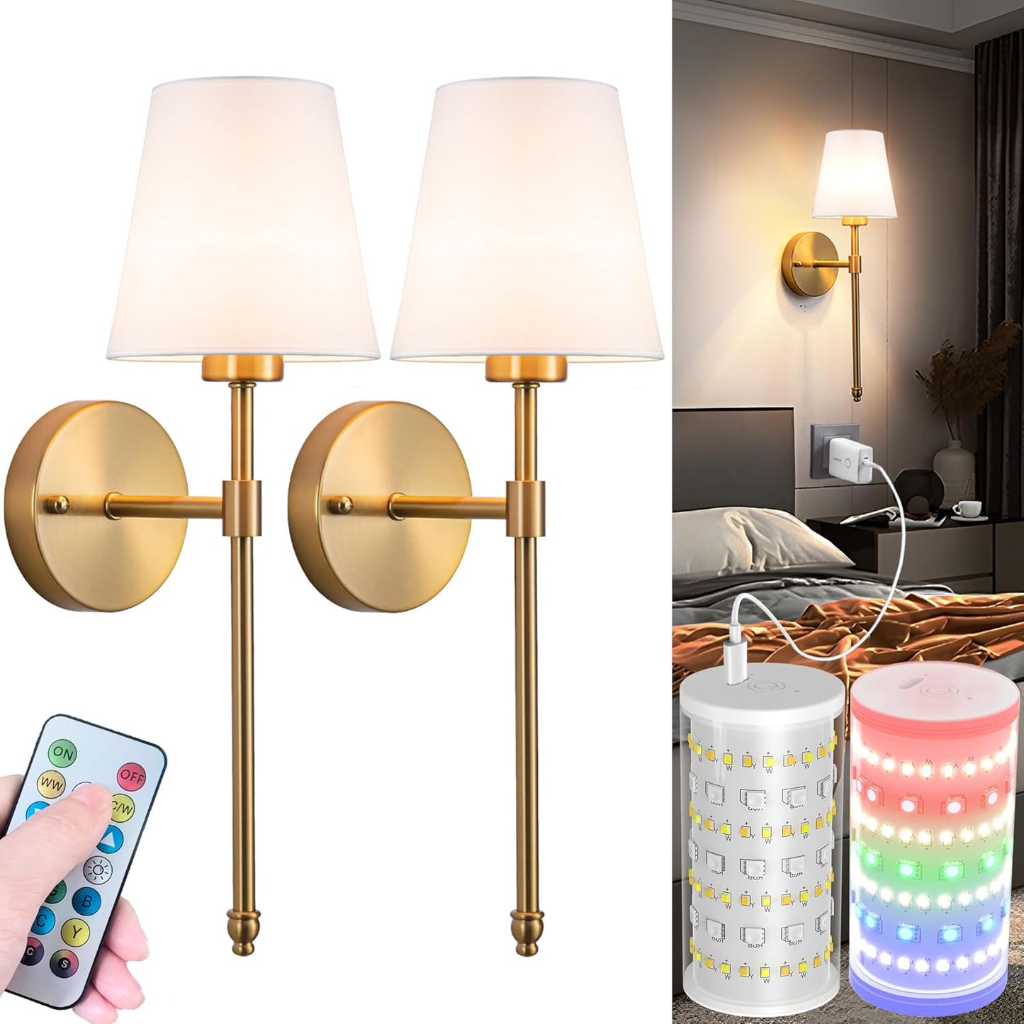 Nekhung Battery Operated Wall Sconces Set of Two, Wireless Battery Wall Light with 10000mAh RGB Dimmable Magnetic Bulb and Remote, Rechargeable Sconce Wall Decor for Bedroom Living Room Hallway