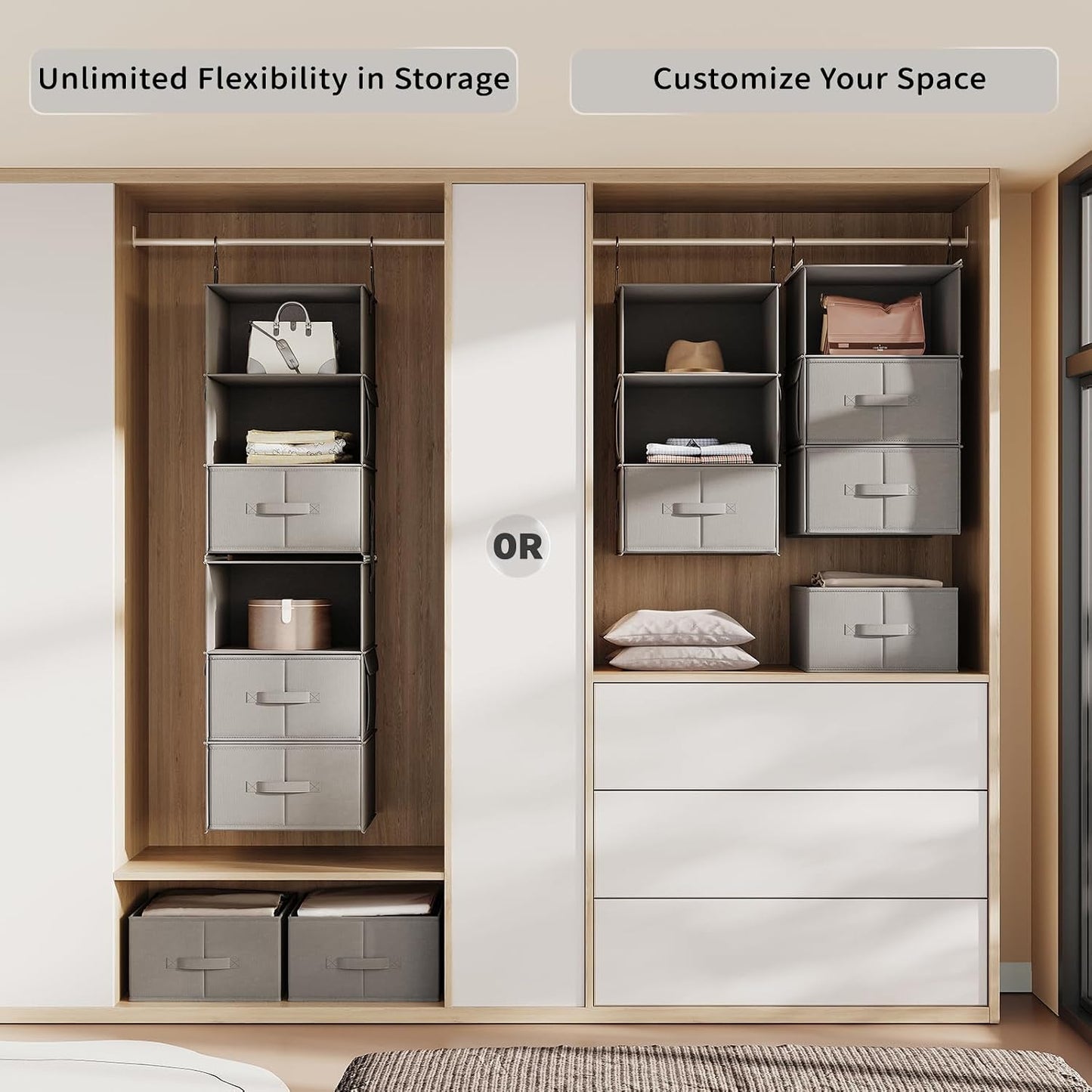 Vailando 6-Shelf Hanging Closet Organizer with 3 Drawers, 2 Separable 3-Shelf Closet Organizers and Storage for Wardrobe Organization, Hanging Dresser for Nursury & Dorm Clothes Organizer