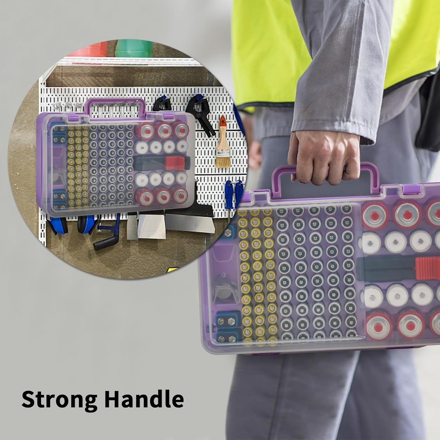 Xuerdon Battery Organizer Storage Case with Tester, 120+ Slots for Home | Hard Plastic for AA AAA C D 9V and Coin Cells, Wall-Mount/Drawer, Home Battery Managemt, Purple, Batteries Not Included