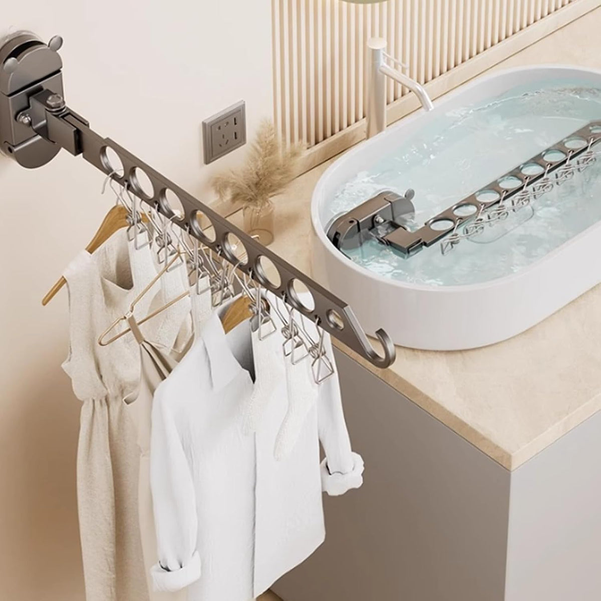 PANGBOER Strong Suction Cup Wall Mounted Drying Rack Multiple Rod Saving Laundry Organizers Easy to Use for Bathroom Balconies