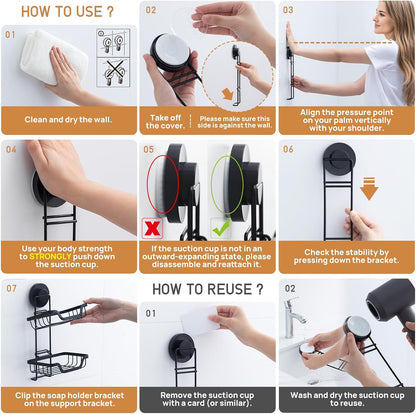 LEVERLOC Bar Soap Holder for Shower with Hooks, Suction Cup Soap Dish Rustproof Stainless Steel for Bathroom Accessories, Sponge Saver Black