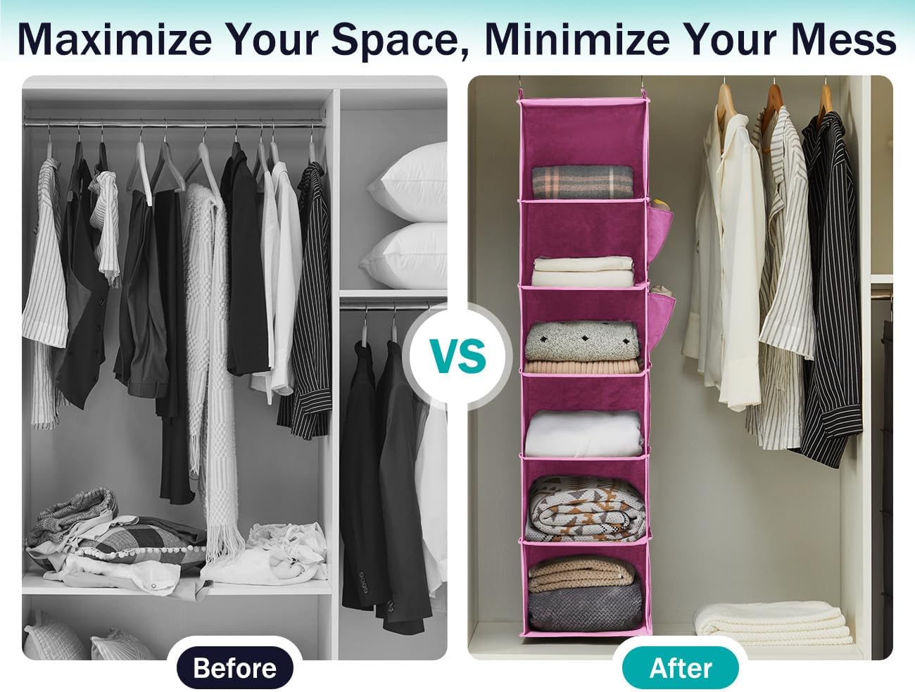 YOUDENOVA Hanging Closet Organizer, 6-Shelf Closet Hanging Storage Shelves, 2 Packs, Grey