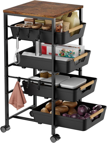 5-Tier Slim Storage Cart, Wooden Top Rolling Kitchen Cart with Pull-Out Baskets & Wheels, Narrow Space Utility Cart Slide Out Organizer for Kitchen, Bathroom, Laundry Room, White