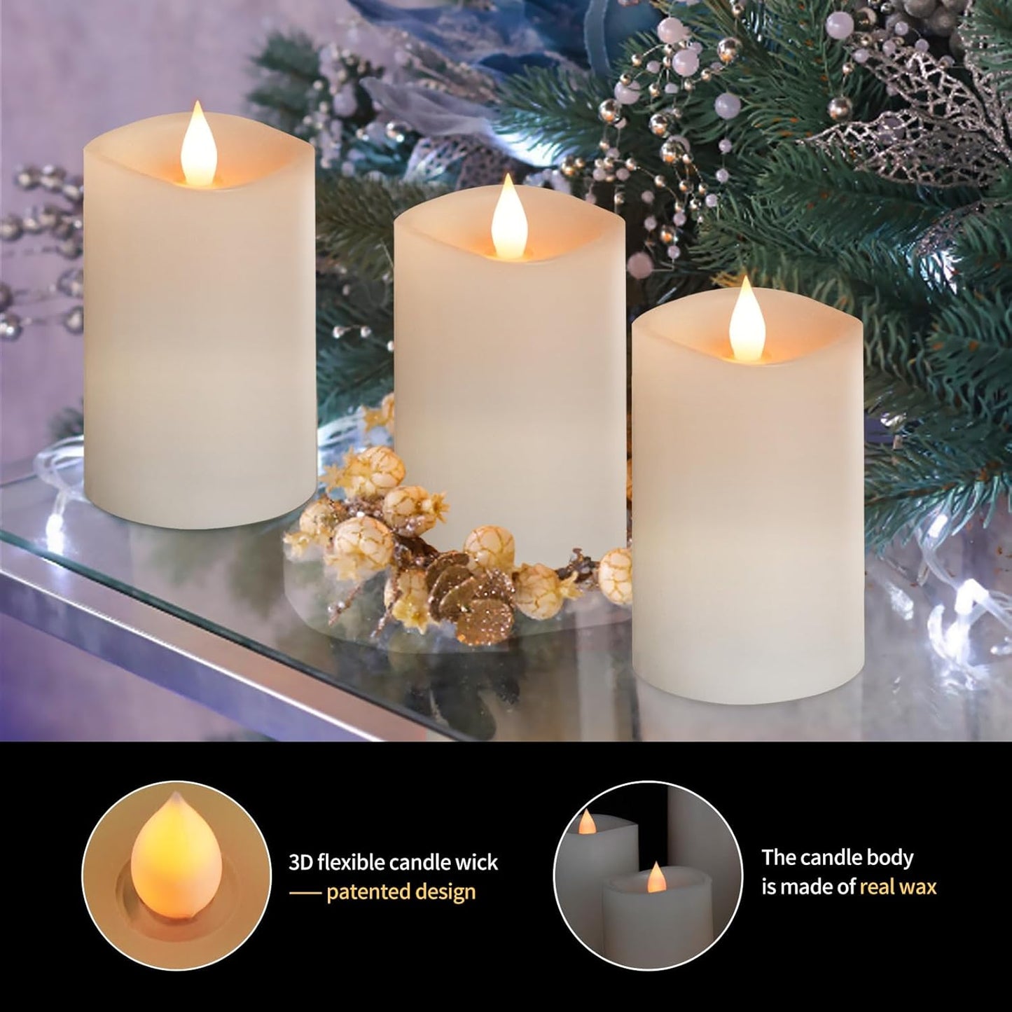 3x3 Flickering Flameless Candles Set of 2, 2AA Battery Life 600 Hours Battery Candles Flickering with Timer,3 inch Flameless Candles with Remote for Indoor/Outdoor, Ivory