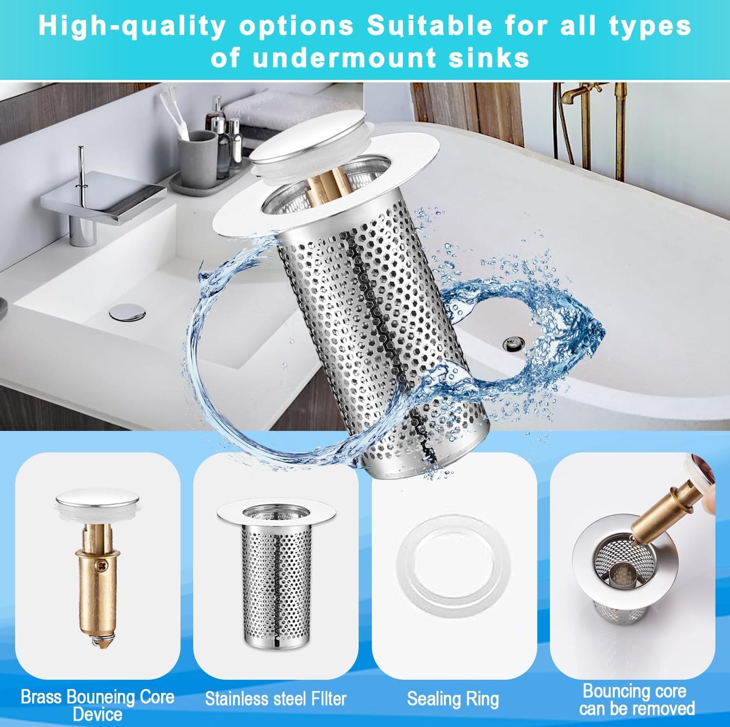 Bathroom Sink Stopper 2Pcs,Sink Drain Strainer,Hair Catcher with Removable Stainless Steel Filter Basket,Universal Sink Plug,Suitable for Most Sinks,Washbasin,Bathtubs