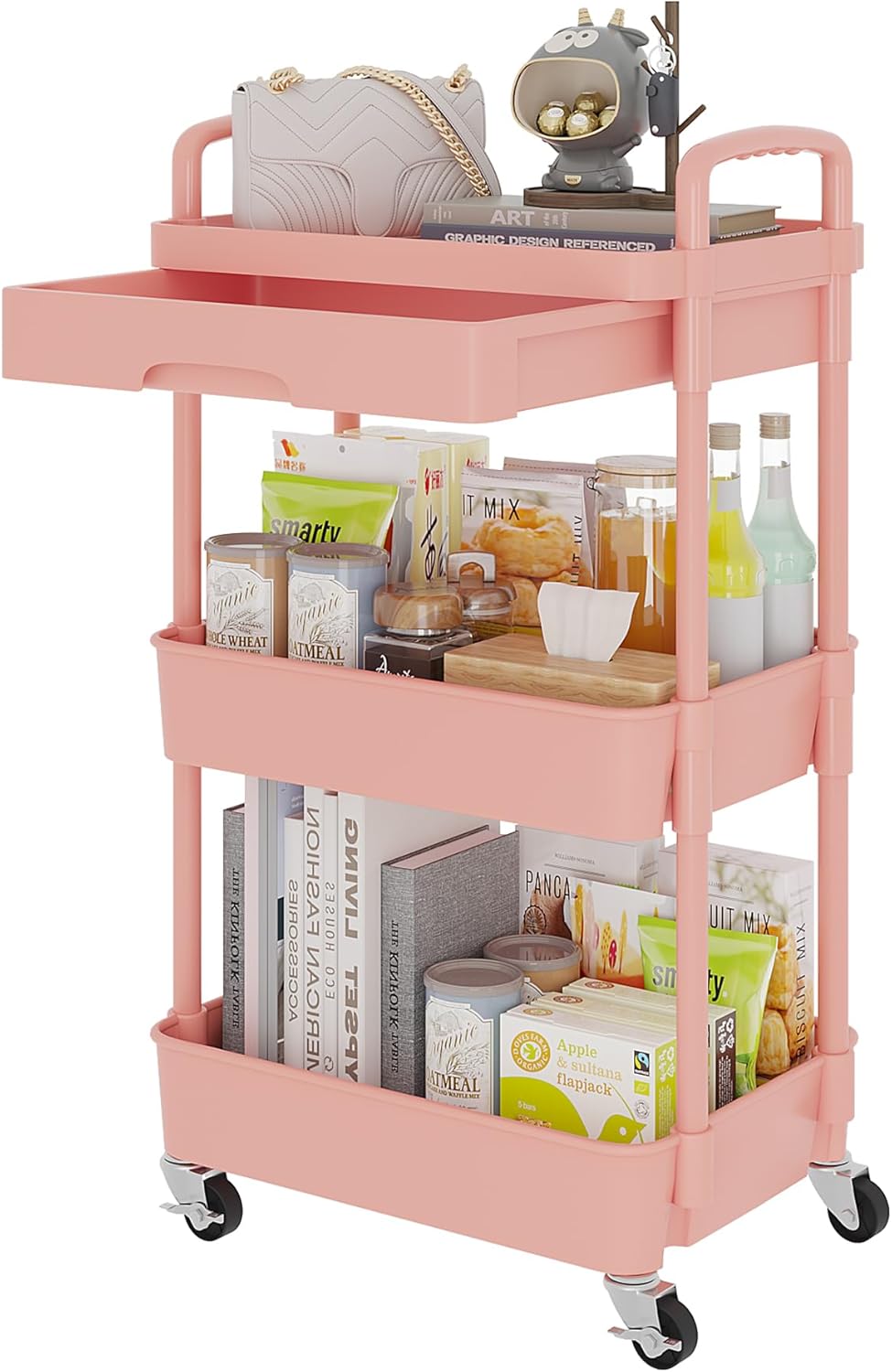Calmootey 3-Tier Rolling Utility Cart with Drawer,Multifunctional Storage Organizer with Plastic Shelf & Metal Wheels,Storage Cart for Kitchen,Bathroom,Living Room,Office,White