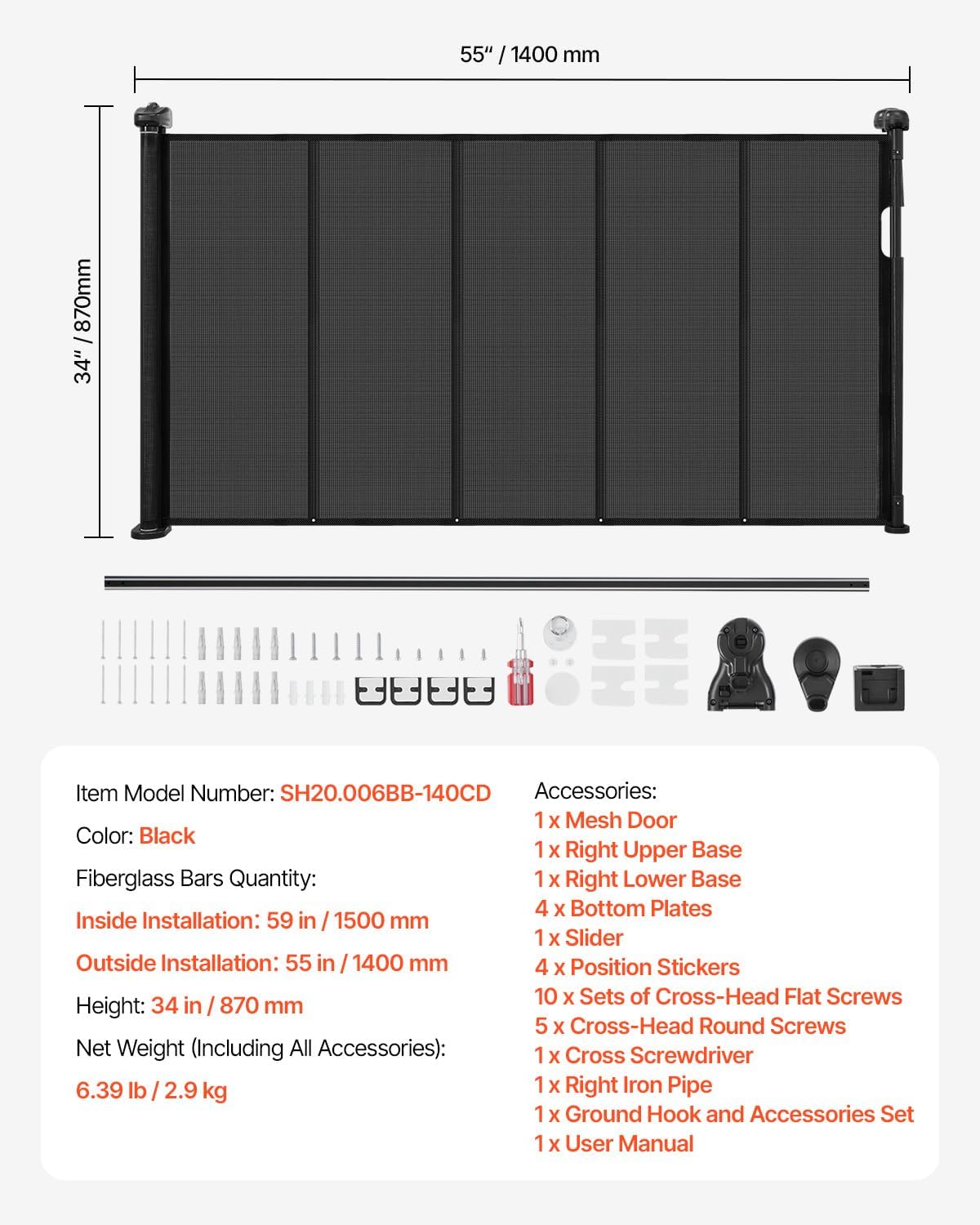 VEVOR Retractable Baby Gate, 34 inch Tall, Extends up to 71 inch Wide, Retractable Gate for Kids or Pets, Mesh Material, Easy to Install for Indoor Stairs, Doorways, Hallways, Playrooms, Gray