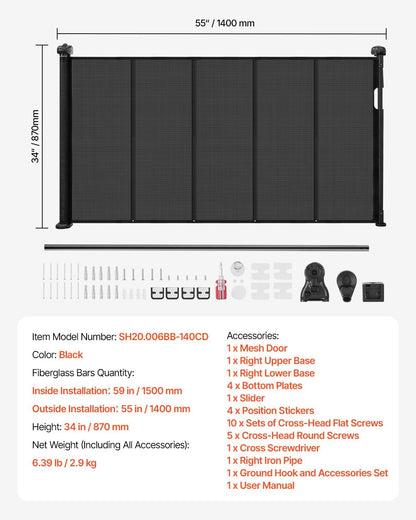 VEVOR Retractable Baby Gate, 34 inch Tall, Extends up to 71 inch Wide, Retractable Gate for Kids or Pets, Mesh Material, Easy to Install for Indoor Stairs, Doorways, Hallways, Playrooms, Gray
