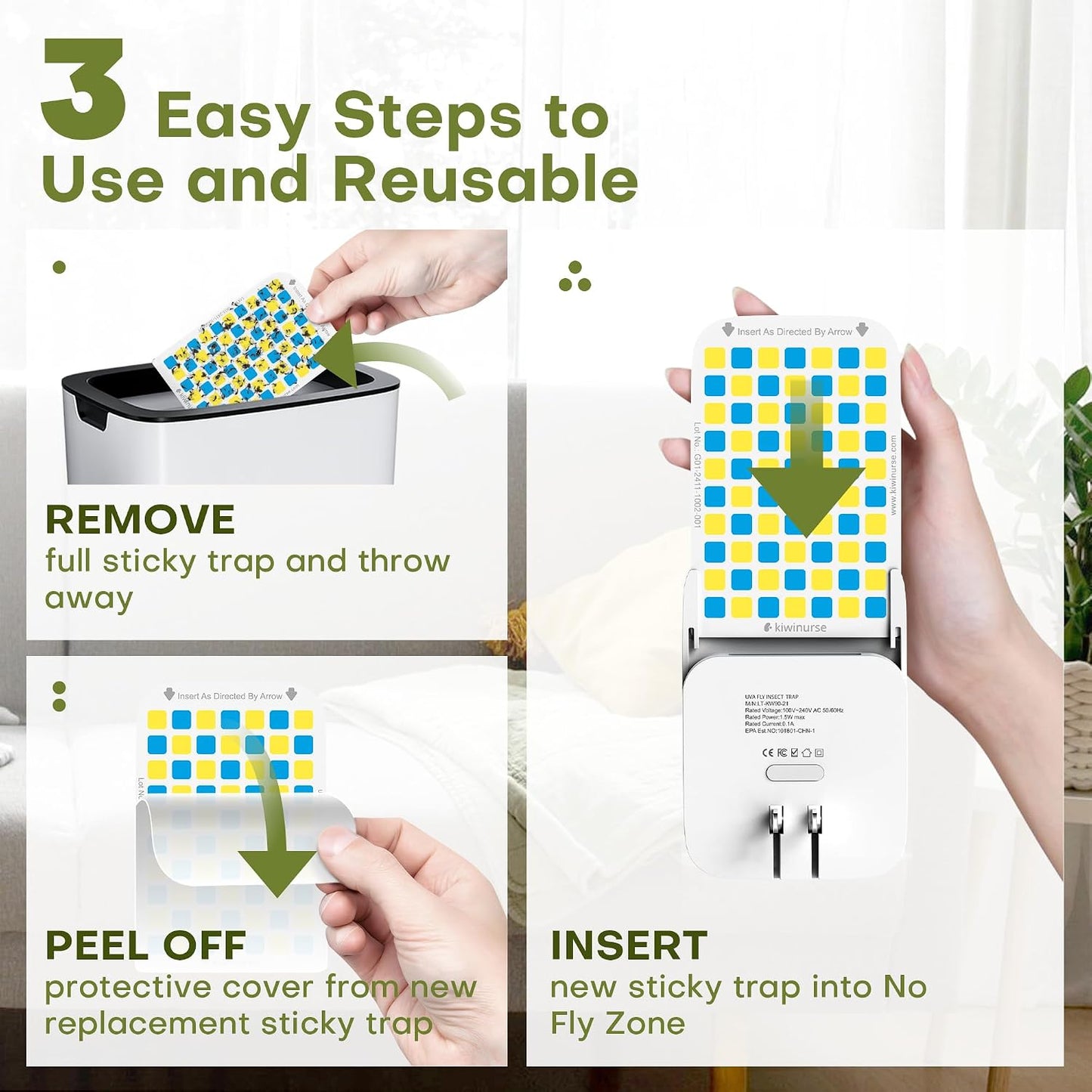 Flying Insect Trap Indoor - Plug-in Fly Catcher and Killers Includes Refills for House Flies, Fruit Flies, Gnats,Cover up to 800 ft², Off-White, 1 Trap + 4 Refills