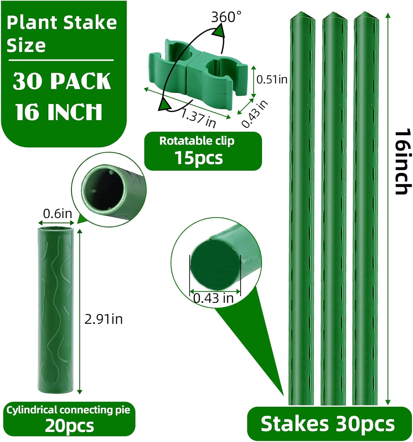 Fabulas Garden Stakes 16 Inch 30 Pack, Diy 4ft 5ft 6ft 7ft 8ft Tomato Stakes Plastic Coated Metal Plant Sticks Stakes Supports with 20 Connectors 15 Rotatable Clips for Indoor Outdoor Plants Vegetable