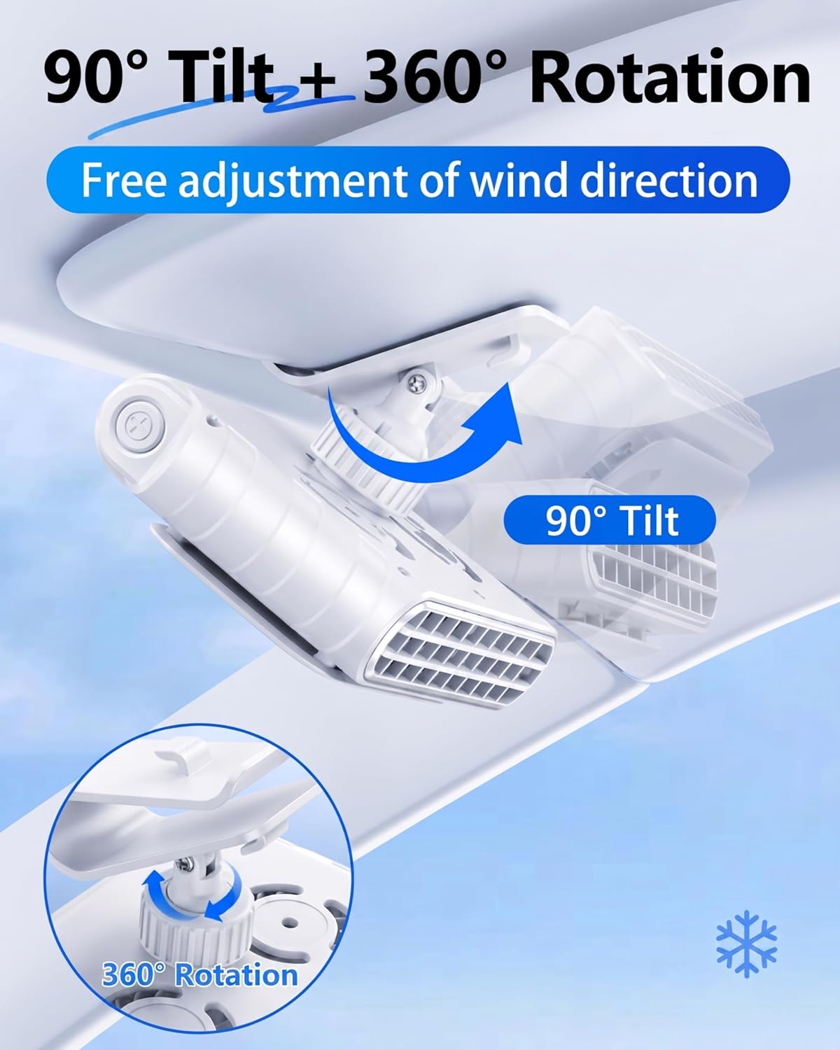 2026 Car Clip on Fan for SUV Pickup Truck RV Visors No Blocking, Portable 3000mAh Rechargeable Fan for Car Desk Kitchen Bathroom Camping - Powerful Turbo Engine 5-Speed Setting (Black)
