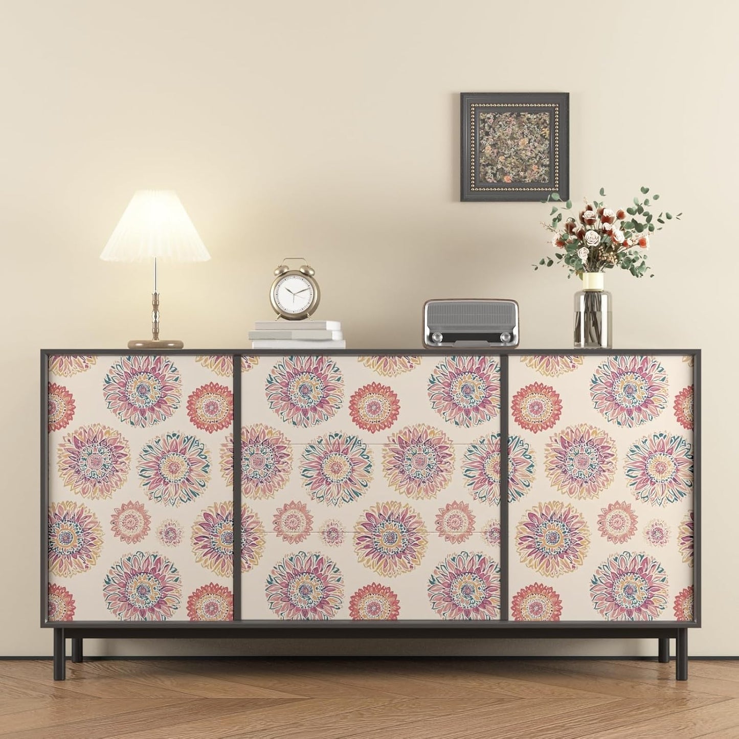 Blue Wallpaper Peel and Stick,Vintage Boho Floral Contact Paper 17.5" x 118", Retro Botanical Flower Wall Paper Self Adhesive Removable Waterproof for Walls Shelves Cabinet Table (Blue,Yellow, Green)