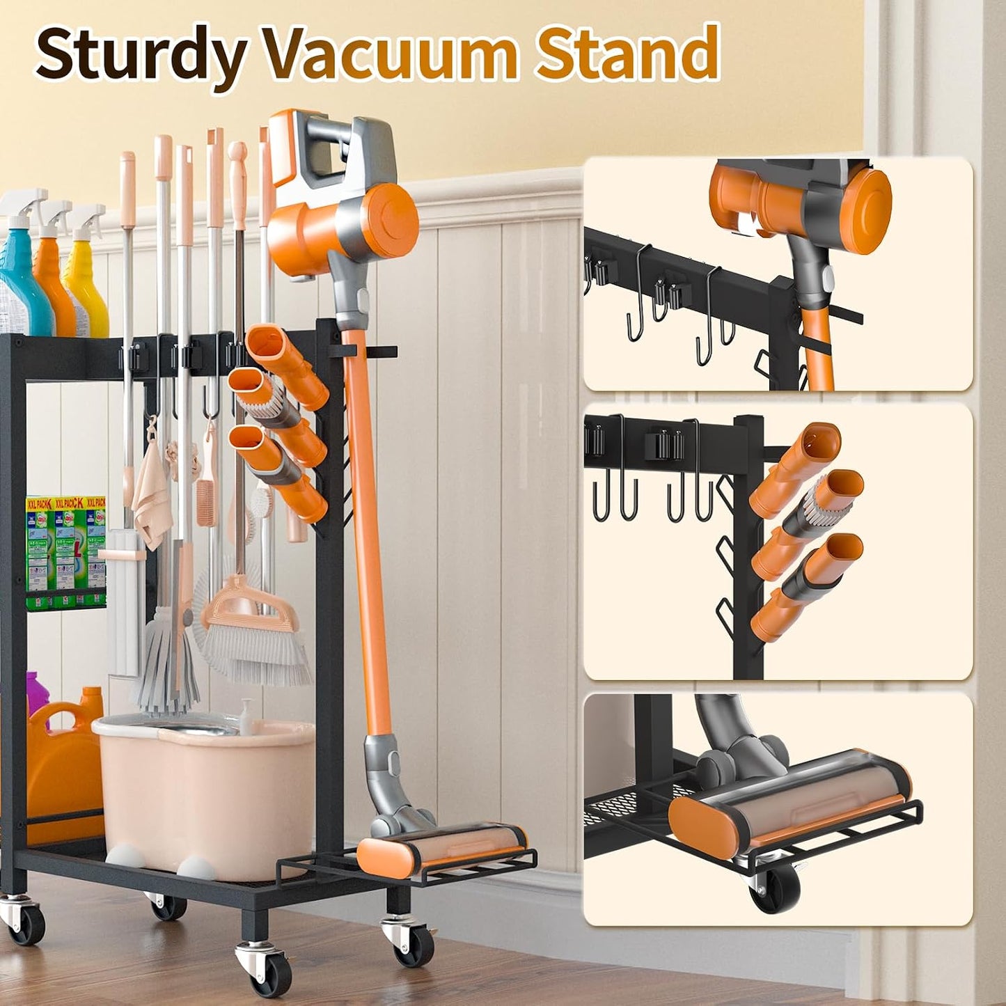 Broom Holder with Cleaning Supplies Organizer Load 160 LBS Cleaning Cart with Wheels Broom Closet Storage with 6 Mop Hanger Grippers, 3 Double-Hooks, Vacuum Stand for Laundry Garage Organization