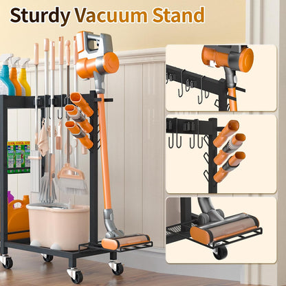 Broom Holder with Cleaning Supplies Organizer Load 160 LBS Cleaning Cart with Wheels Broom Closet Storage with 6 Mop Hanger Grippers, 3 Double-Hooks, Vacuum Stand for Laundry Garage Organization