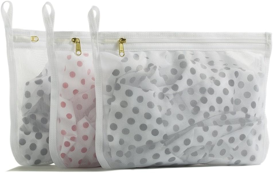 TENRAI Delicates Laundry Bags, Bra Fine Mesh Wash Bag for Underwear, Lingerie, Bra, Pantyhose, Socks, Use YKK Zipper, Have Hanger Loops, Small Openings (White, 3 Small)
