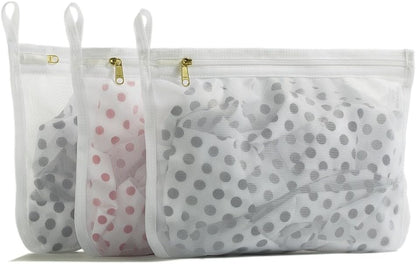 TENRAI Delicates Laundry Bags, Bra Fine Mesh Wash Bag for Underwear, Lingerie, Bra, Pantyhose, Socks, Use YKK Zipper, Have Hanger Loops, Small Openings (White, 3 Small)