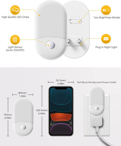 L LOHAS LED Night Lights Plug into Wall, [2 Pack] LED Dimmable Night Light with Light Sensors, 30/60LM Adjustable Brightness Nightlights, Soft White 3000K Automatic Night Light for Kid, Hallway