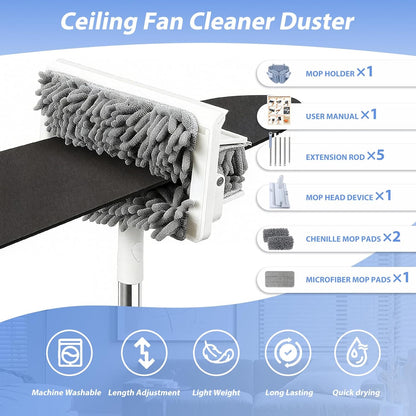 Ceiling Fan Cleaner Duster with 80'' Extendable Long Handle Pole - Microfiber Chenille Pads for Blades, Baseboards, Walls, Floors, Blinds & Cobwebs - Reusable & Washable