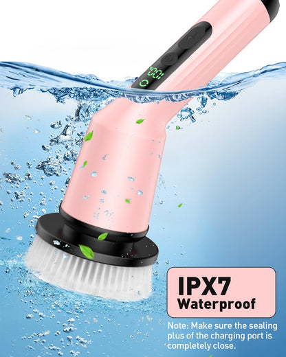 Shower Scrubber with Long Handle, Shower Cleaner Brush with 8 Floor Machine Pads, Cordless Electric Spin Scrubber for Cleaning with 2 Speed, Cleaning Supplies for Bathroom Bathtub Kitchen Floor Tile
