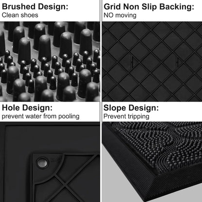 FRAMICS Front Door Mat Outside Entrance, Heavy Duty Rubber Door Mats Outdoor Welcome Mat Waterproof Doormat Non Slip for Entryway Doormats Dirt Trapper Indoor Mats All Seasons, 17 x 30 Inches, Black
