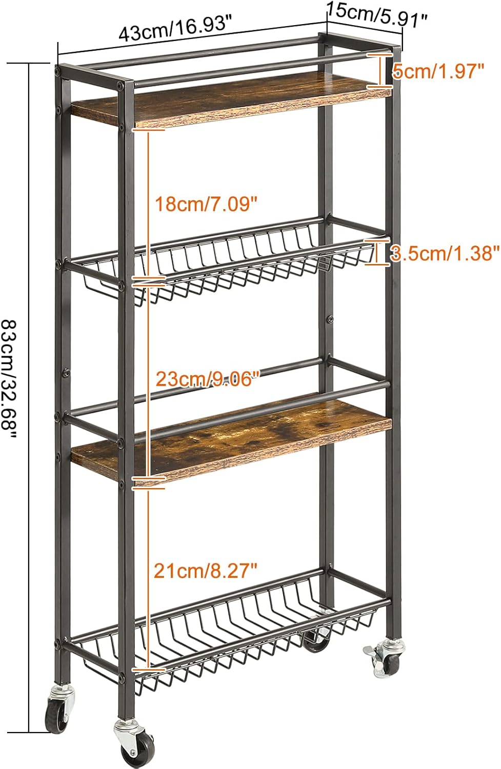 YMYNY Kitchen Storage Rolling Cart 4 Tier on Wheels Rustic Brown HBR002H | for Narrow Spaces, Laundry Room, Dining Room, Bathroom, 32.7" H Shelving Unit with Mesh Baskets