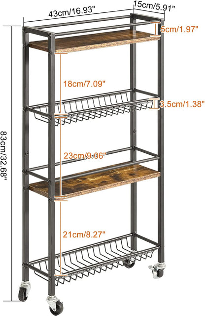 YMYNY Kitchen Storage Rolling Cart 4 Tier on Wheels Rustic Brown HBR002H | for Narrow Spaces, Laundry Room, Dining Room, Bathroom, 32.7" H Shelving Unit with Mesh Baskets