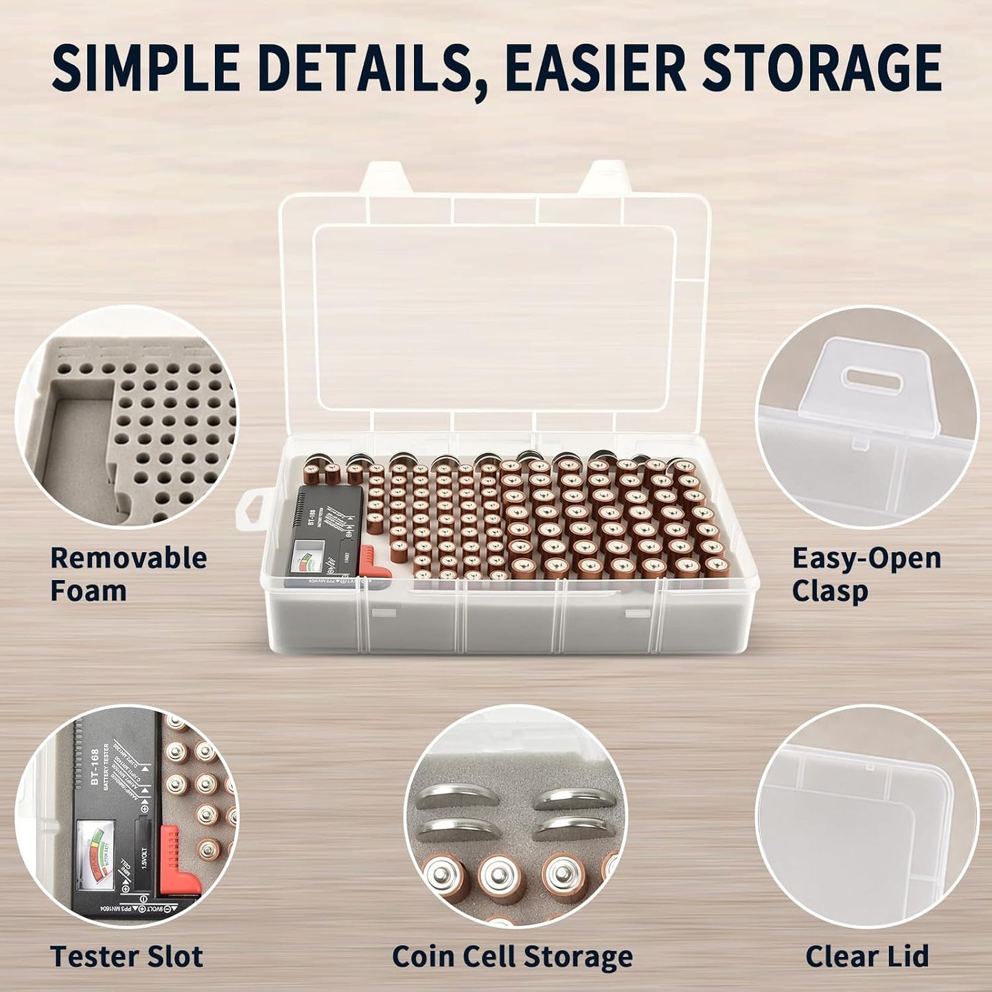 Xuerdon Battery Organizer Case with BT168 Tester 120+ Batteries Storage Box | Clear Plastic Battery Box Holds 49AA 51AAA 10CR2032 10CR1632 Batteries, Wall Mount Drawer Organizer Batteries not Included