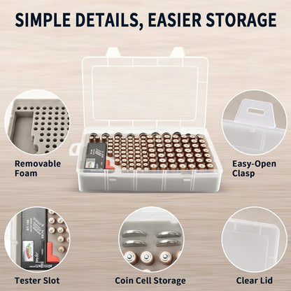 Xuerdon Battery Organizer Case with BT168 Tester 120+ Batteries Storage Box | Clear Plastic Battery Box Holds 49AA 51AAA 10CR2032 10CR1632 Batteries, Wall Mount Drawer Organizer Batteries not Included