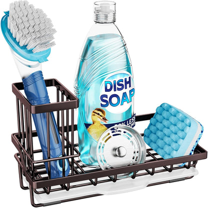 Consumest Sponge Holder for Kitchen Sink - Kitchen Sink Caddy Organizer with Removable Drip Tray for Countertop Dish Soap Dispenser Brush Storage Accessories 304 Stainless Steel - Black