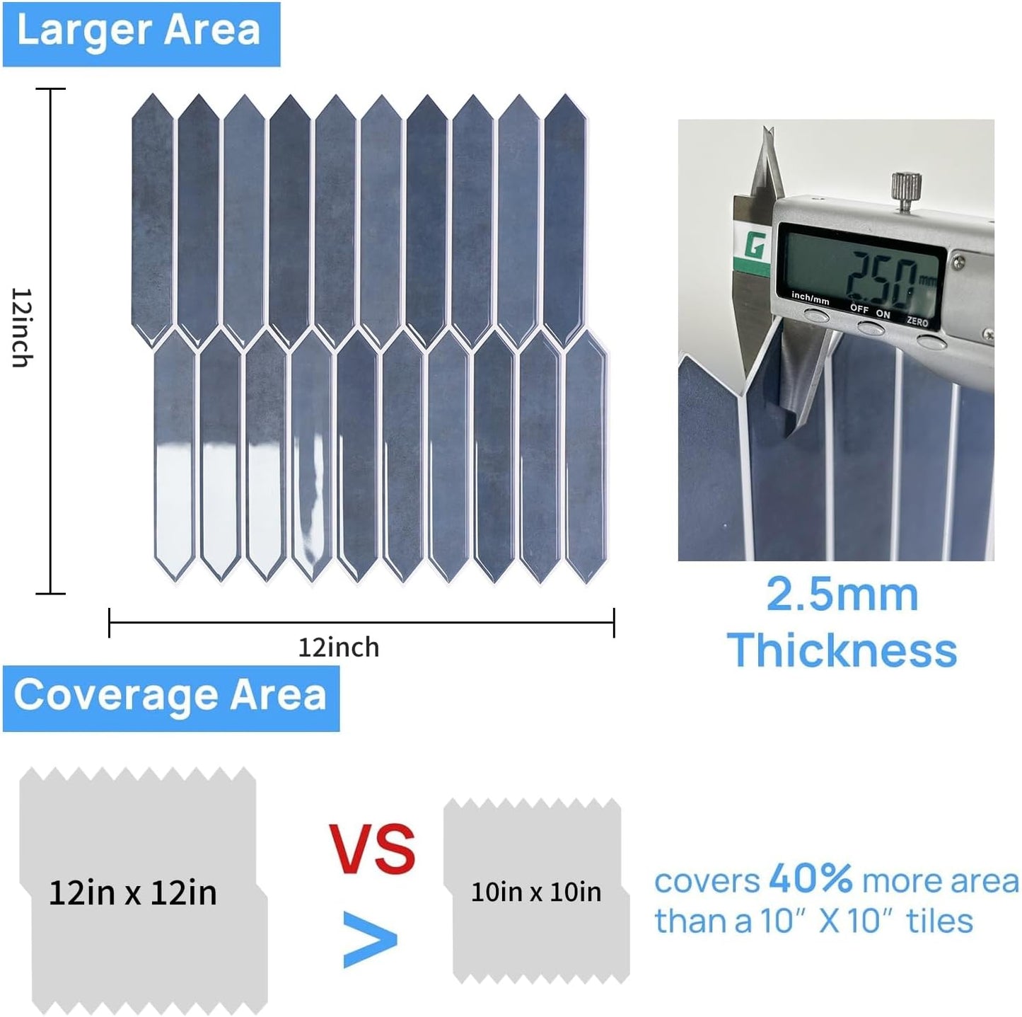 10-Sheet Peel and Stick Backsplash Tile, Self-Adhesive Gray Long Hexagon Wall Tiles, Stick on Backsplash for Kitchen, Bathroom, Fireplace, RV, Thicker Design(12"×12").