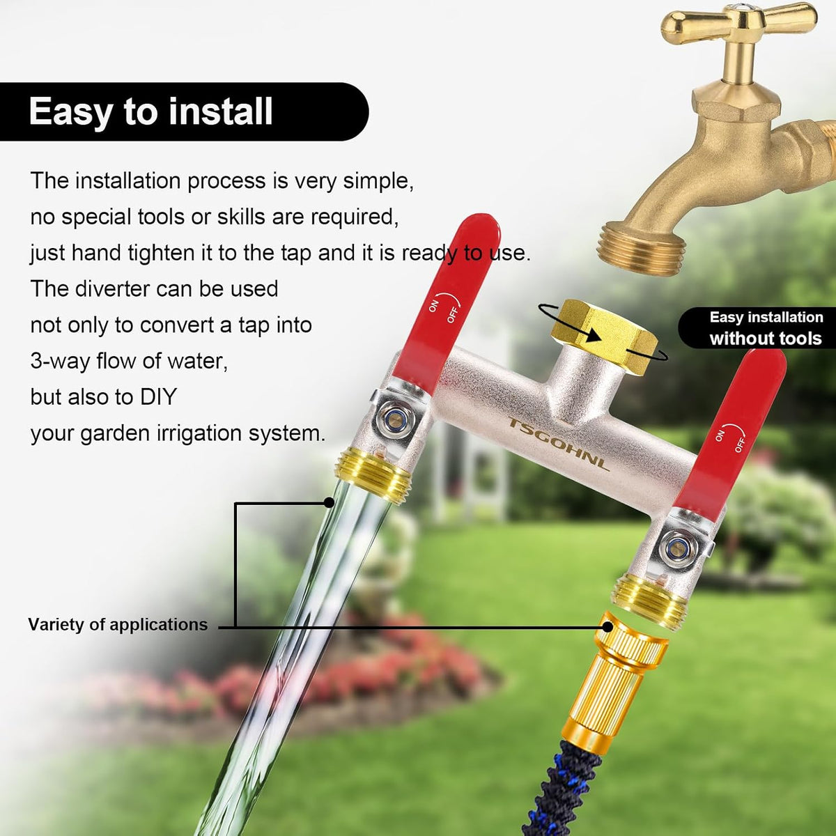 Garden Hose Splitter, 3/4” Rust and Freeze Resistant Outdoor Hose Manifold with 2 green Extra Long Handles Faucet Adapter-Heavy Duty Brass Nickel Plated 2-Way Valve
