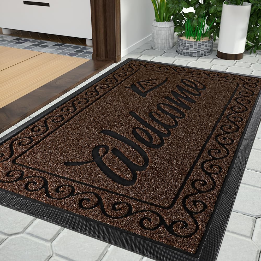 Yimobra Welcome Mat, Heavy Duty Sturdy Door Mats for Home Entrance Outdoor Indoor, Front Doormat for Outside Patio Floor Entry Porch Garage Office, Waterproof, Low Profile, 29.5x17, Black Grey