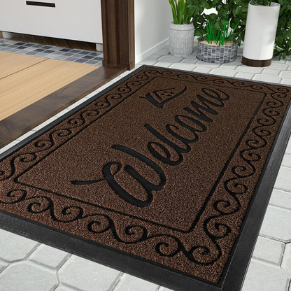 Yimobra Welcome Mat, Heavy Duty Sturdy Door Mats for Home Entrance Outdoor Indoor, Front Doormat for Outside Patio Floor Entry Porch Garage Office, Waterproof, Low Profile, 29.5x17, Black Grey
