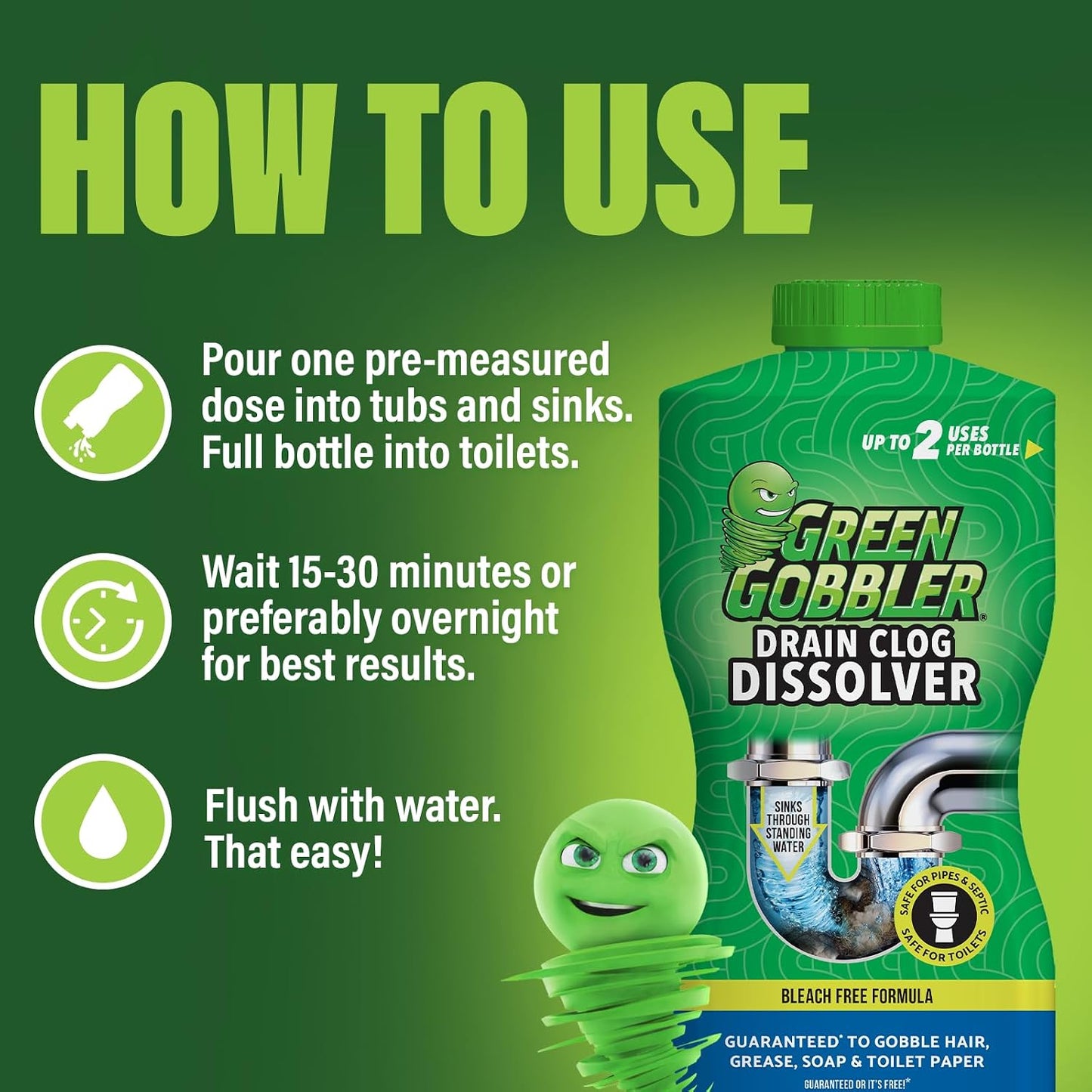Green Gobbler Drain Clog Dissolver | Powerful Liquid Drain Opener & Toilet Clog Remover | Safe for Pipes & Septic | 2 Pack