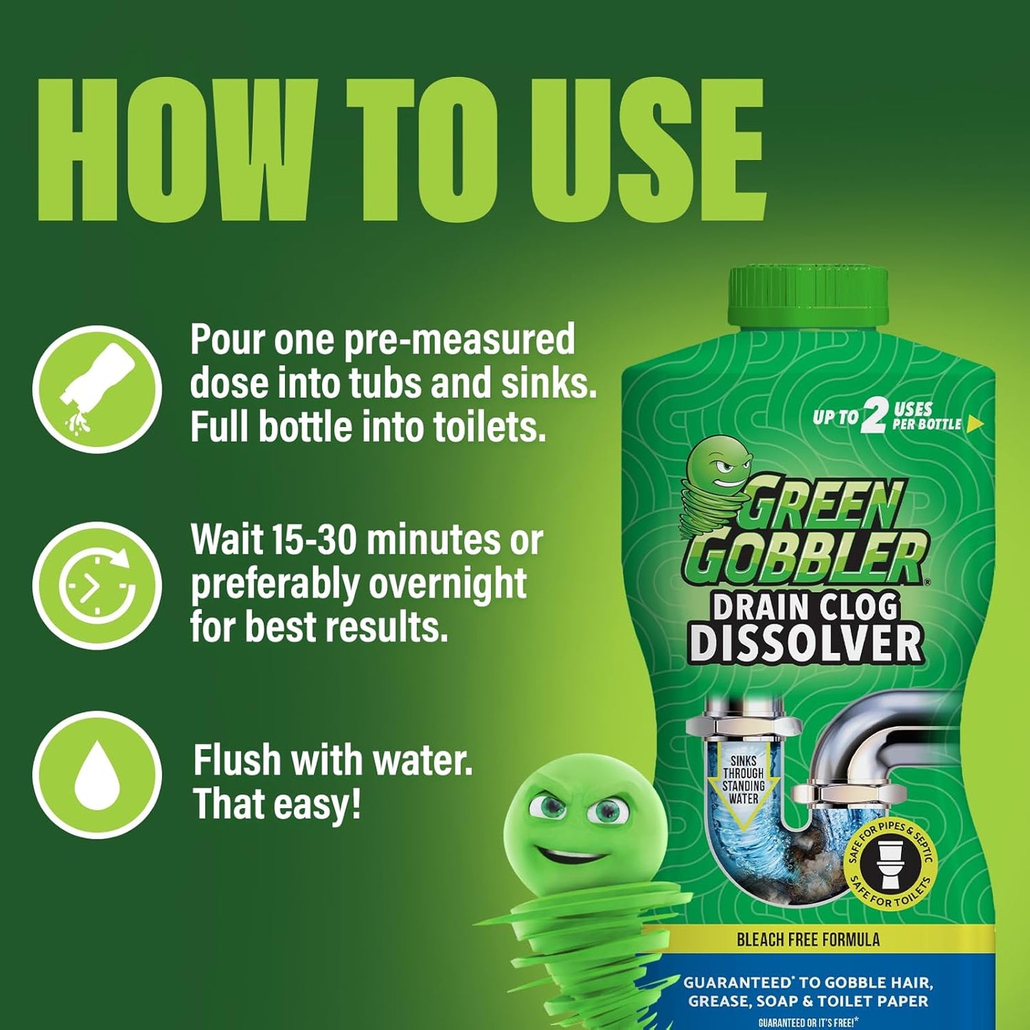 Green Gobbler Drain Clog Dissolver, Drain Opener-Cleaner,Toilet Clog Remover, 31 oz (Pack of 2)