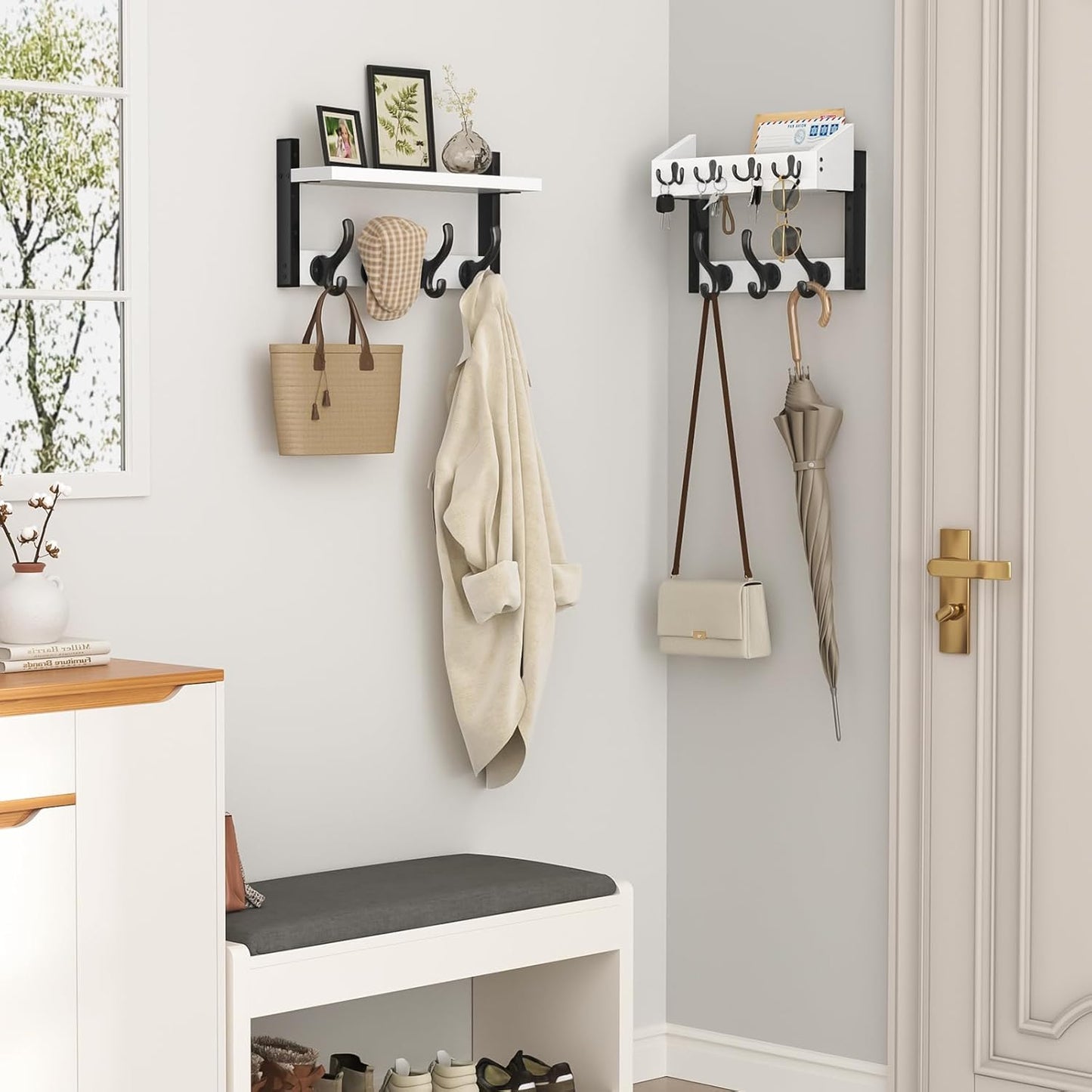 Evermagin 29" Coat Rack Wall Mount with Shelf, 4 in 1 Coat and Key Hanger with 11 Metal Hooks, Entryway Wall Mounted Shelf with Mail Holder for Living Room, Bedroom, Rustic Brown