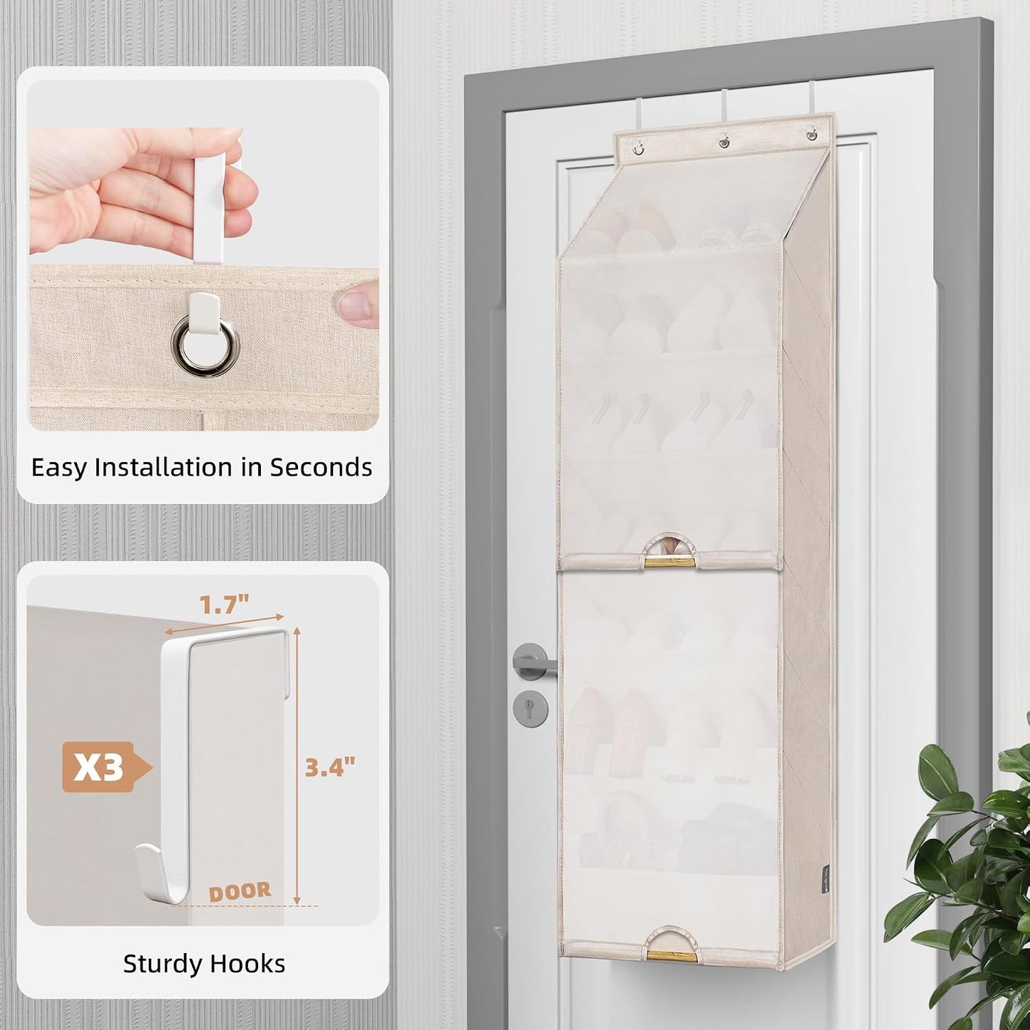 STORAGE MANIAC Over the Door Shoe Organizer with Curtain Dustproof Heavy-Duty Large Deep Pocket Hanging Shoe Organizer for Closet Dorm & Narrow Door Storage Shoe Holder Shoe Rack, 9-Shelf Beige 1 Pack