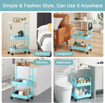 VECELO Storage Rolling Cart, 4 Tier Utility Cart Kitchen Slim Mobile Storage Unit Organizers with Wheels Hooks&Hanging Cups for Bedroom Bathroom Office Table Side in Narrow Places, White
