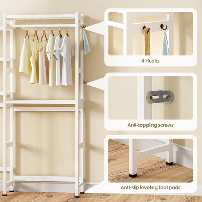Cozivolife Over The Washer and Dryer Storage Shelf Bamboo,5 Tiers Laundry Room Drying Rack with Adjustable Shelves and 4 Hooks,Space Saver Organizer for Hanging Clothes and Towels (White)