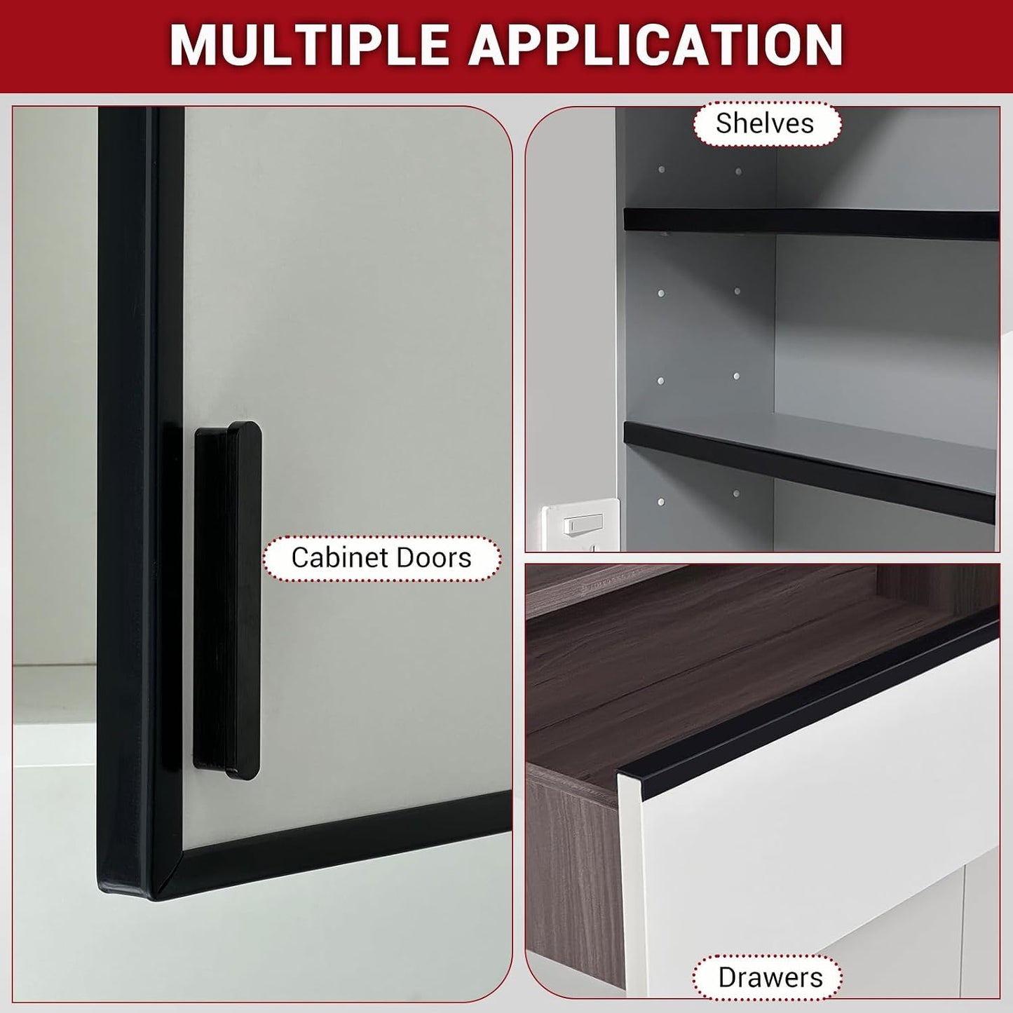 Slimline Cabinet Door Edge Protector, 3/4" Self Adhesive Peel and Stick Rubber Edge Guards, Flexible U Shaped Strips for Kitchen & Garbage Drawer Fronts, Edge Trims for Desks and Shelfves, Black, 10Ft