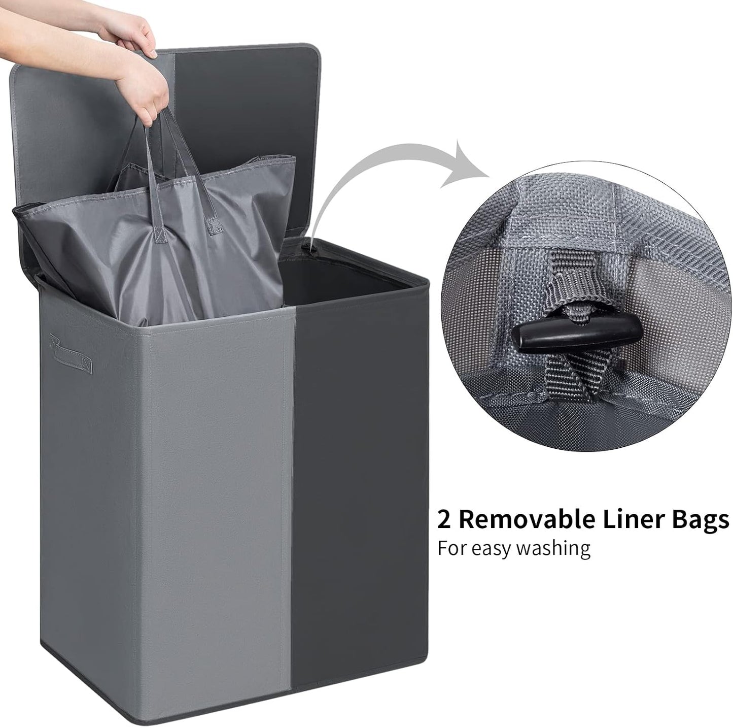 WOWLIVE Double Laundry Baseket with Lid and Removable Laundry Bags,154L Large Laundry Hamper 2 Section Collapsible Dirty Clothes Hamper for Laundry Room,College Dorm,Bathroom,Black and Beige