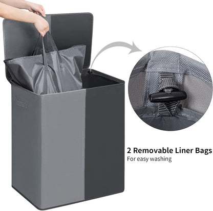 WOWLIVE Double Laundry Baseket with Lid and Removable Laundry Bags,154L Large Laundry Hamper 2 Section Collapsible Dirty Clothes Hamper for Laundry Room,College Dorm,Bathroom,Black and Beige