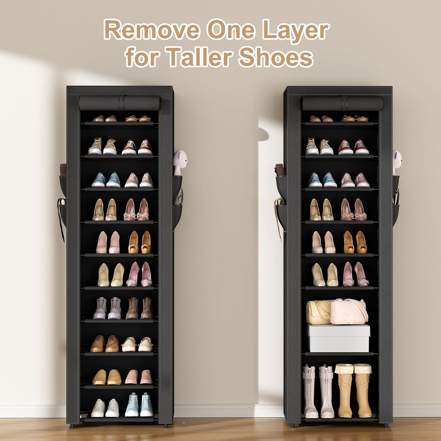 ROJASOP 10 Tier Shoe Rack with Covers,Large Capacity Stackable Tall Shoe Shelf Storage to 50-55 Pairs Shoes and Boots Sturdy Metal Free Standing Shoe Rack Organizer for Closet Entryway Garage