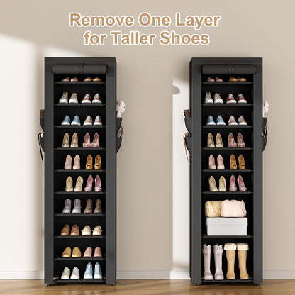 ROJASOP 10 Tier Shoe Rack with Covers,Large Capacity Stackable Tall Shoe Shelf Storage to 50-55 Pairs Shoes and Boots Sturdy Metal Free Standing Shoe Rack Organizer for Closet Entryway Garage